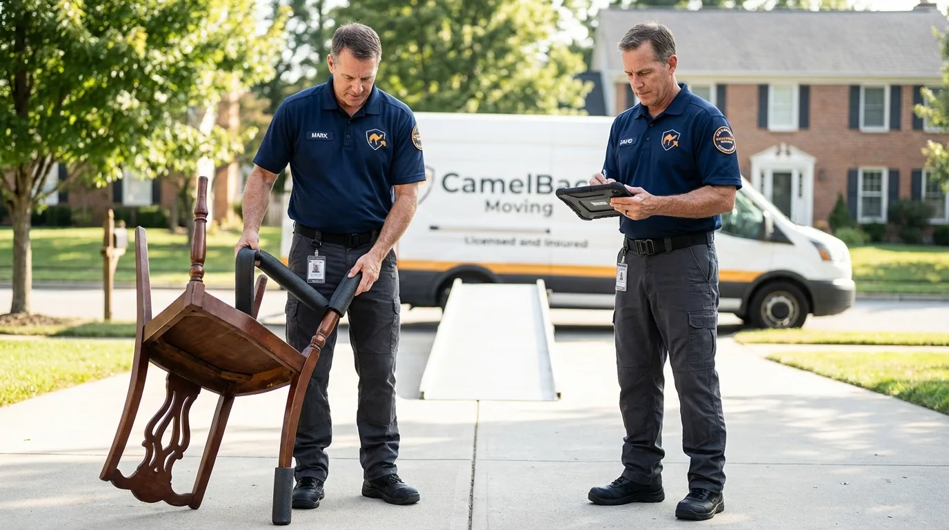 Movers inspecting furniture for damage prevention before loading in Wapakoneta, OH