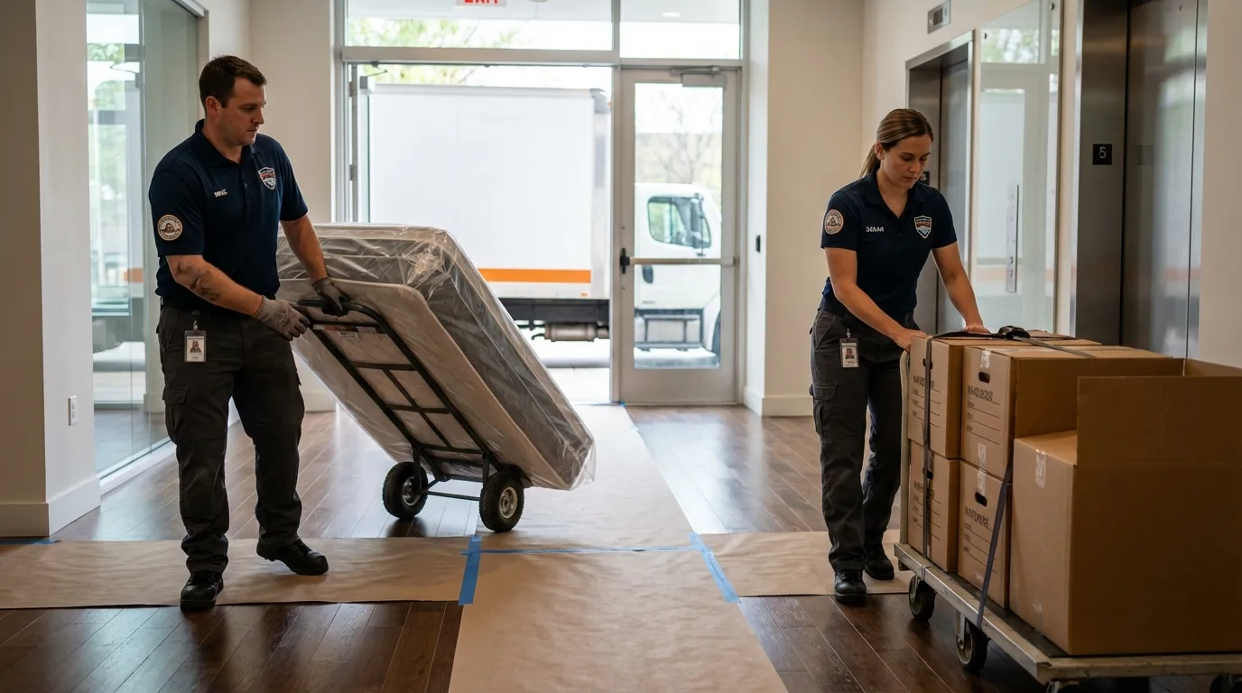 Professional apartment movers loading elevator in Wapakoneta, OH