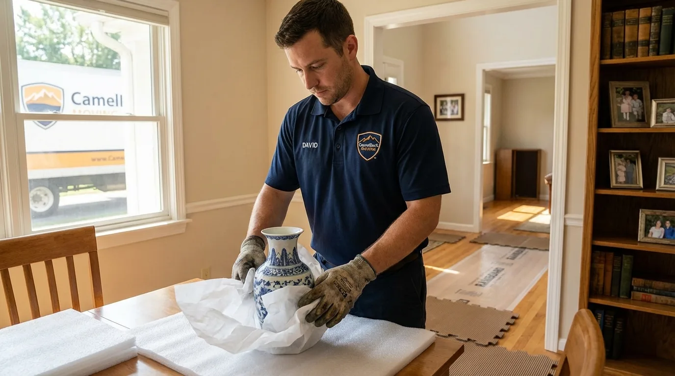 Professional crew carefully wrapping antique vase for senior downsizing move in Wapakoneta, OH